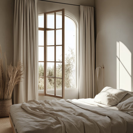 Minimalistic bedroom interior with light linens and open windowの素材