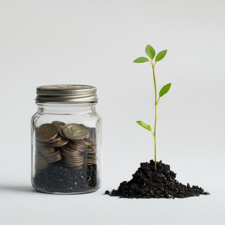 Jar of coins next to small plant growing from soil, concept of financial growthの素材