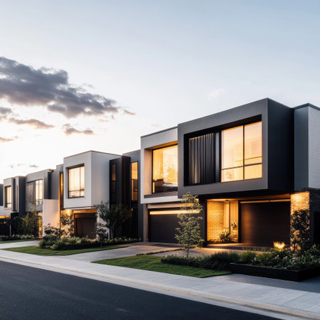 Modern minimalist suburban housing estate with muted tones and clean linesの素材