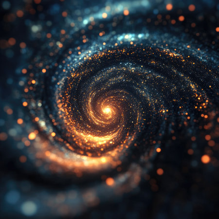 Light particles swirling into a galaxy-like spiral motionの素材