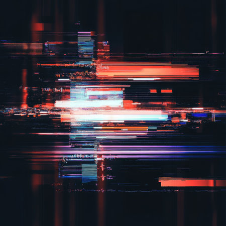 Futuristic glitch distortion effect in horizontal lines on dark screenの素材