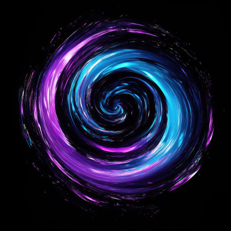 Light trail swirl in neon purple and blue spinning across black backgroundの素材