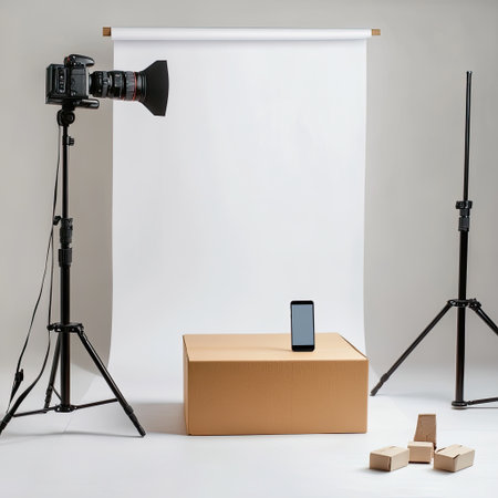 Product photography tools tripod, box, smartphone, clean backdropの素材