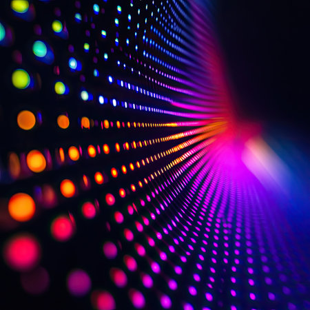 Rainbow LED lights flashing in rhythmic patterns over a dark concert backgroundの素材