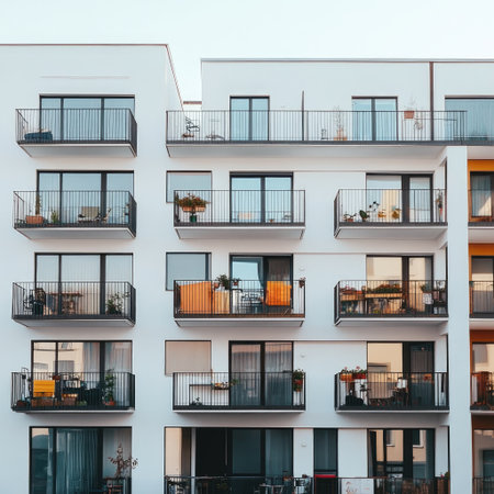 Residential block in a European suburb with small balconies and clean white wallsの素材