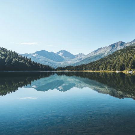 Serene mountain lake with clear reflection and peaceful skyの素材