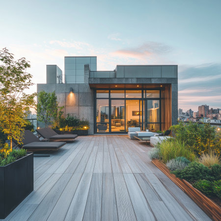 Rooftop garden on a modern residential building with clean wood decking and minimal furnitureの素材