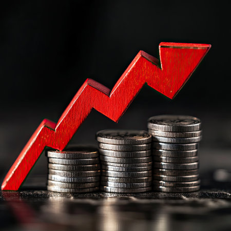 Red downtrend arrow over coin stack symbolizing economic recessionの素材