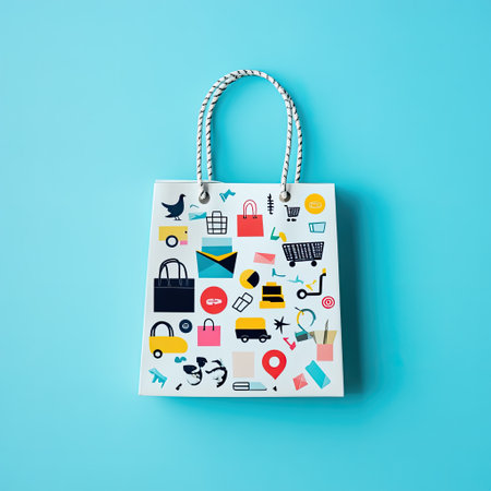 Shopping bag with e-commerce icons on light blue background, top-down shotの素材