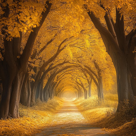 Scenic forest path covered in golden leaves, soft morning lightの素材