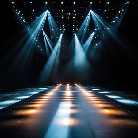 Rows of LED lights casting moody ambience on a dark stageの素材