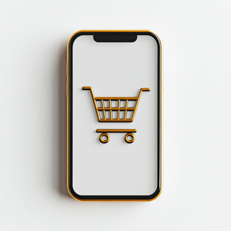 Smartphone with shopping cart icon on screen, top view, white backgroundの素材
