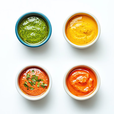 Set of vibrant sauces and dips in small bowls on white backgroundの素材