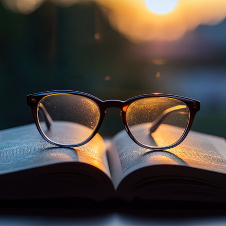 Reading glasses on an open book, warm tones and morning lightの素材