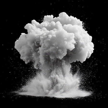 Smoke puff explosion in slow motion, isolated on blackの素材