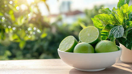 Fresh organic fruits in white bowl, vibrant mint green hues, uplifting sunlit sparkle, panoramic view, Emphasize natures abundance and beauty.の素材