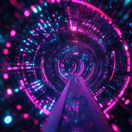 Abstract particle tunnel with perspective depth in neon colorsの素材