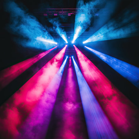 Abstract beams of multicolored stage lights crossing through smoke in dark concert hallの素材