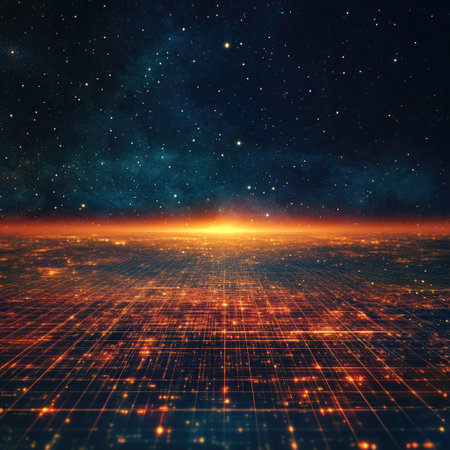 Futuristic grid horizon background fading into digital spaceの素材