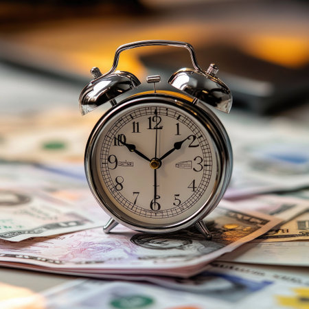 Clock, currency notes, and debt papers illustrating economic timingの素材