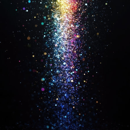 Colorful magical sparkles rising in vertical flow over black surfaceの素材
