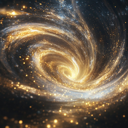 Light particles swirling into a galaxy-like spiral motionの素材