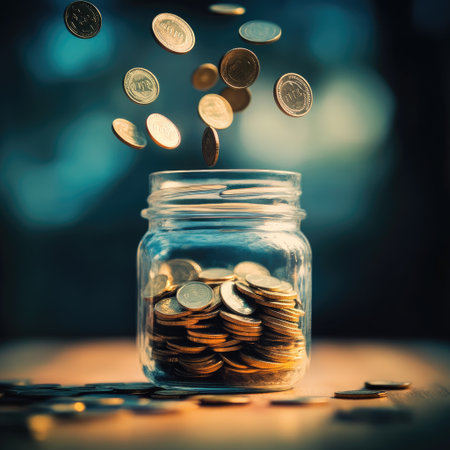 Coins falling into a jar from above, motion blur concept of savingの素材