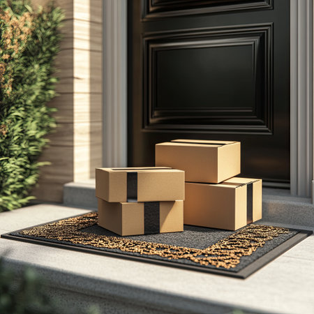 Contactless door delivery concept with boxes and door matの素材