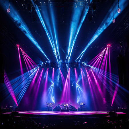 Concert stage filled with electric blue and pink spotlights radiating outwardの素材