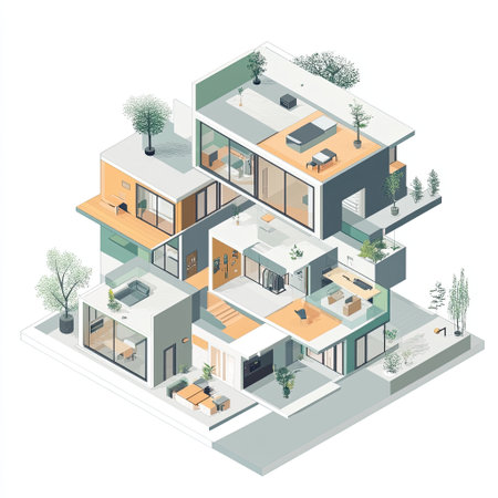 Isometric view of compact urban housing in contemporary modular styleの素材