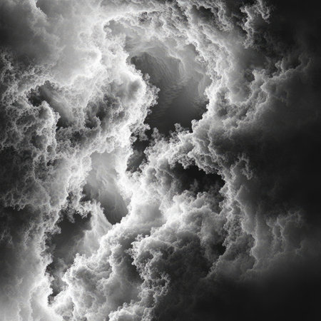 Abstract swirling smoke trails in grayscale on solid dark backdropの素材