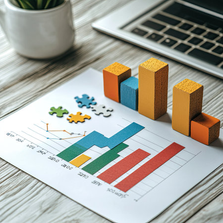 Flat lay of bar chart with puzzle pieces and missing economy blockの素材