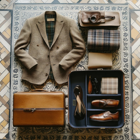 Flat lay of seasonal travel wardrobe and suitcaseの素材