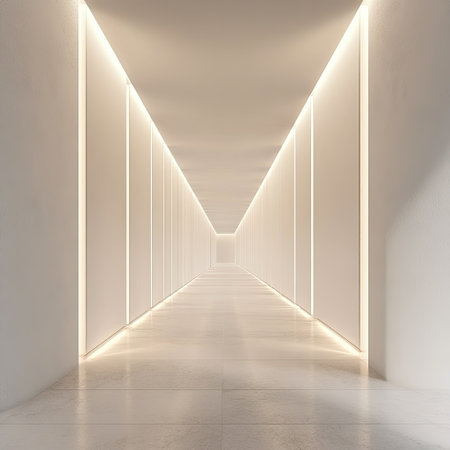 Minimalist corridor in white building with linear lighting and clean geometryの素材
