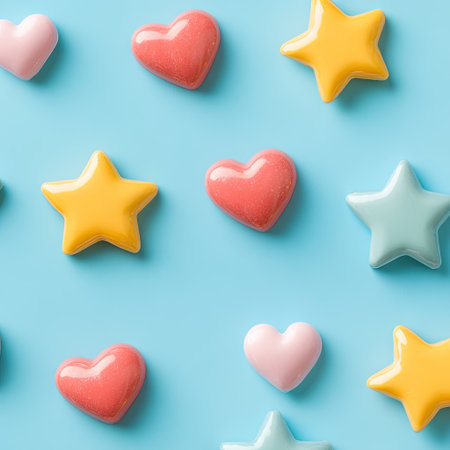 Flat lay of customer review icons, stars and hearts, on soft backgroundの素材