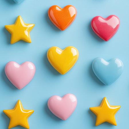 Flat lay of customer review icons, stars and hearts, on soft backgroundの素材