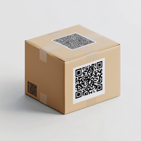 Box with QR code sticker and barcode scanner on light backgroundの素材
