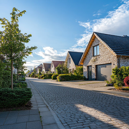 Close-up of a semi-detached home in a quiet European neighborhood with paved drivewayの素材
