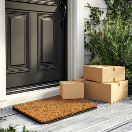 Contactless door delivery concept with boxes and door matの素材