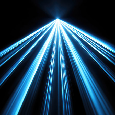 High contrast view of saturated lighting beams against black voidの素材