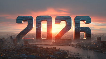 Captivating view of a futuristic city at sunset featuring a large 2026 display, symbolizing the dawn of a new era filled with innovation and opportunity.の素材