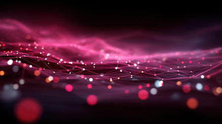This image showcases an abstract digital wave design featuring flowing lines and luminous dots in pink and red hues against a dark background, ideal for modern creative projects.の素材
