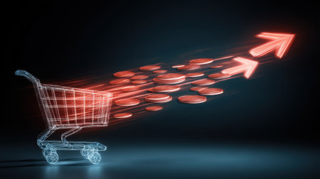 A dynamic illustration of a shopping cart with coins and upward arrows, representing the flourishing growth and trends in the e-commerce and online retail landscape.の素材