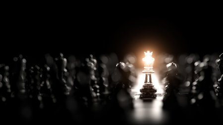 A solitary glowing chess piece stands out among shadowy figures, symbolizing strength and victory in strategy and competition. Perfect for creative themes.の素材