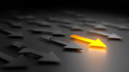 This image showcases a bright arrow amidst dark arrows, symbolizing individuality and unique direction. It represents choice, strategy, and the pursuit of distinct paths.の素材
