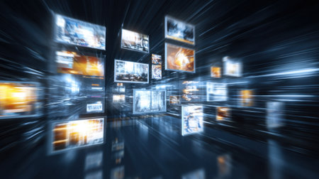 A captivating scene depicting a dynamic flow of digital images set in a futuristic space. Bright glows and blurred motion highlight the essence of modern technology.の素材