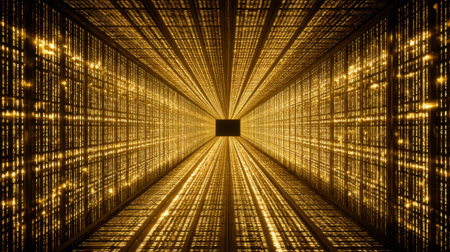 This stunning image features an abstract golden tunnel illuminated by intricate digital patterns, creating a mesmerizing perspective that evokes innovation and technology.の素材