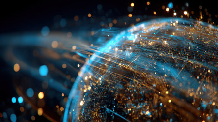 This stunning abstract image depicts a glowing globe with intricate data streams, symbolizing connectivity and the rapid advancement of technology in our digital age.の素材