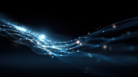 This captivating abstract image features flowing blue wave lights against a dark backdrop, showcasing movement and energy that enhances digital art and creative projects.の素材