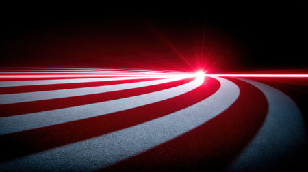 Captivating abstract image featuring a striking red laser beam illuminating curved lines against a dark background, perfect for creative design projects and artistic themes.の素材